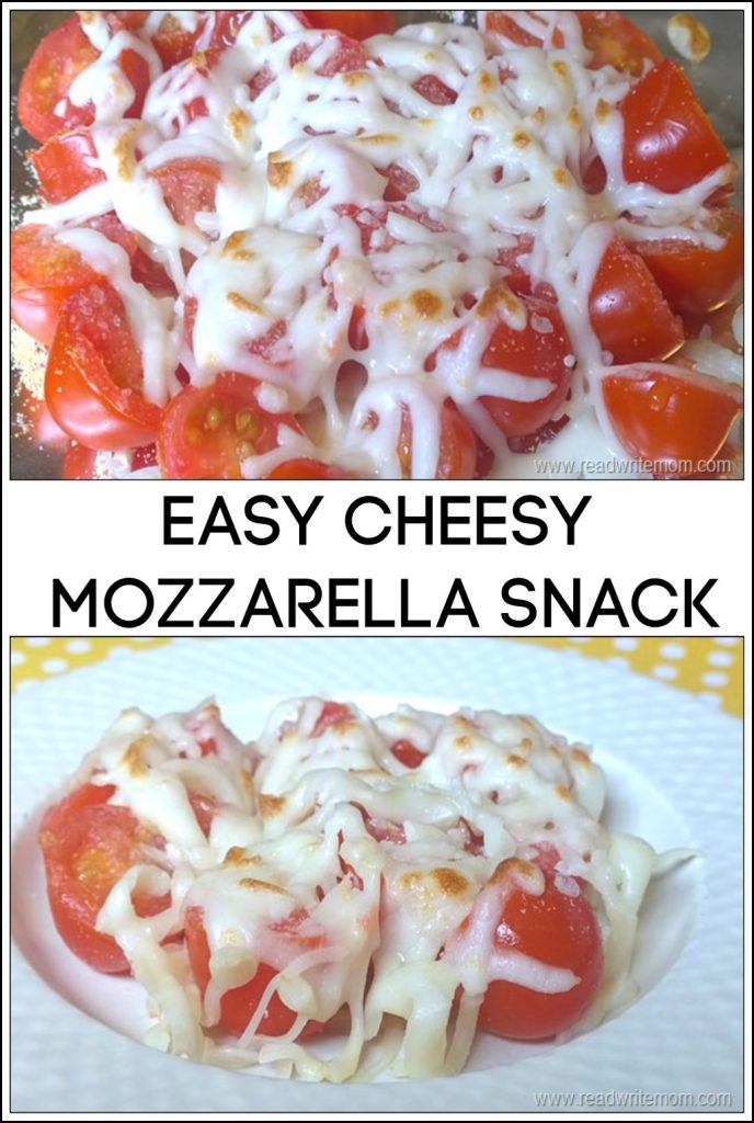 Easy cheesy mozzarella tomato snack.  Deliciously cheesy and so very easy to make.  Ready in just a couple of minutes!  Quick and easy snack.