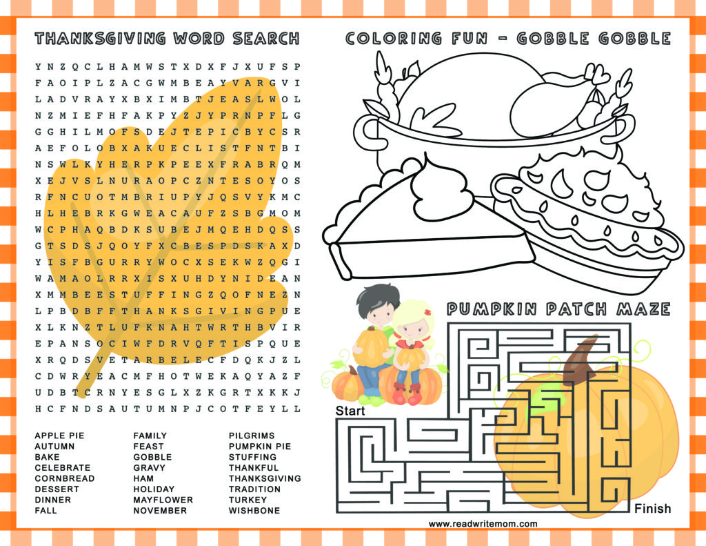 Thanksgiving printable placemat for kids